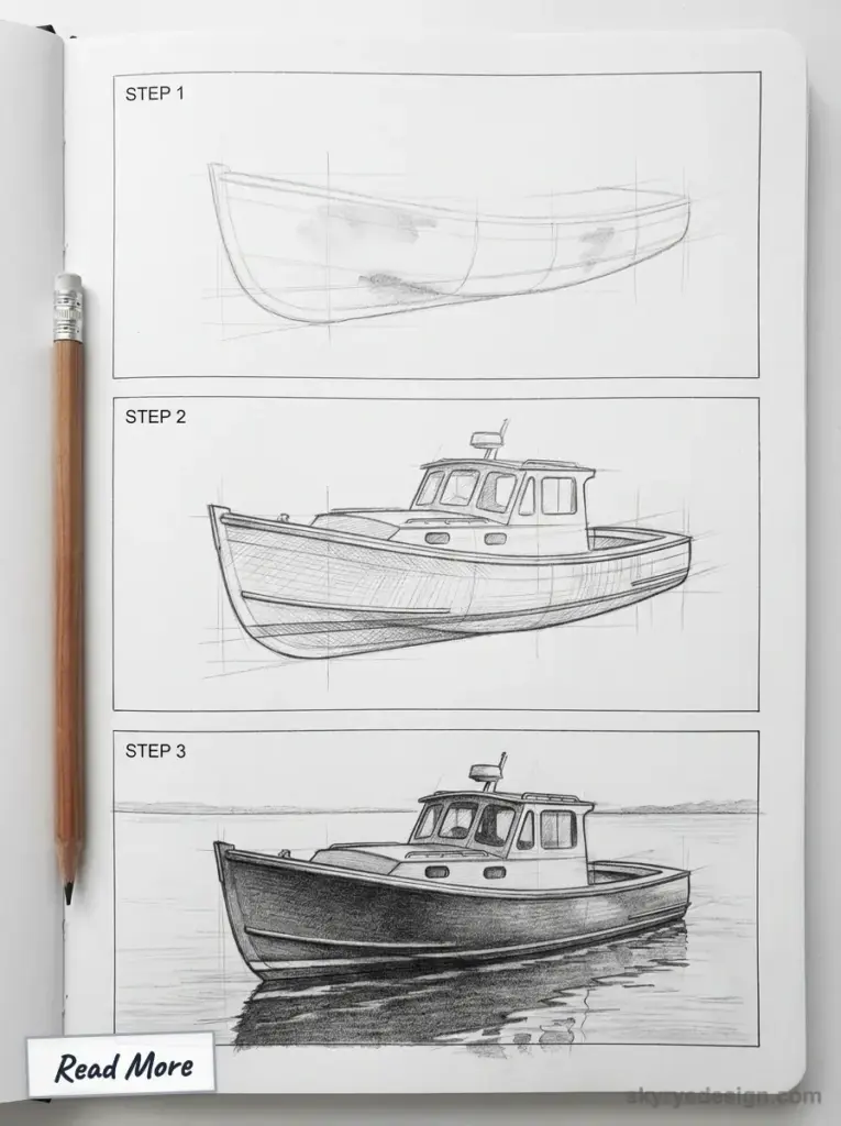 Three-step pencil sketch tutorial of a cabin boat in a sketchbook, showing construction lines, refined details and final shaded drawing.