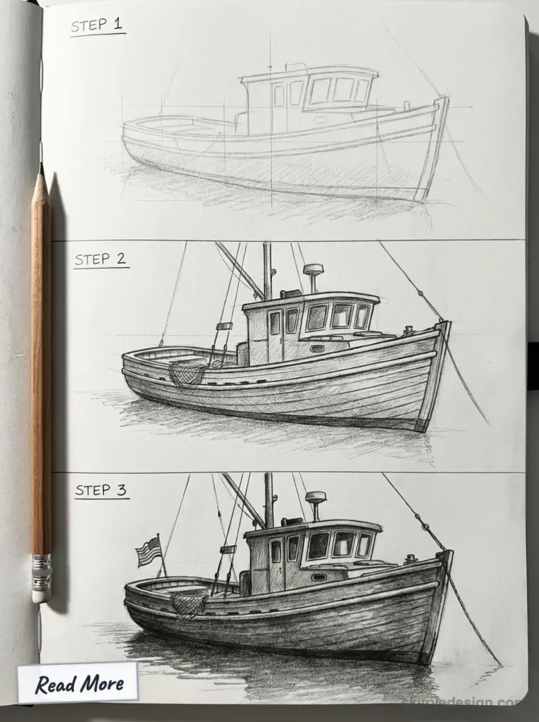 Boat drawing tutorial: step-by-step pencil sketch of a wooden fishing boat in three stages with detailed shading on sketchbook.