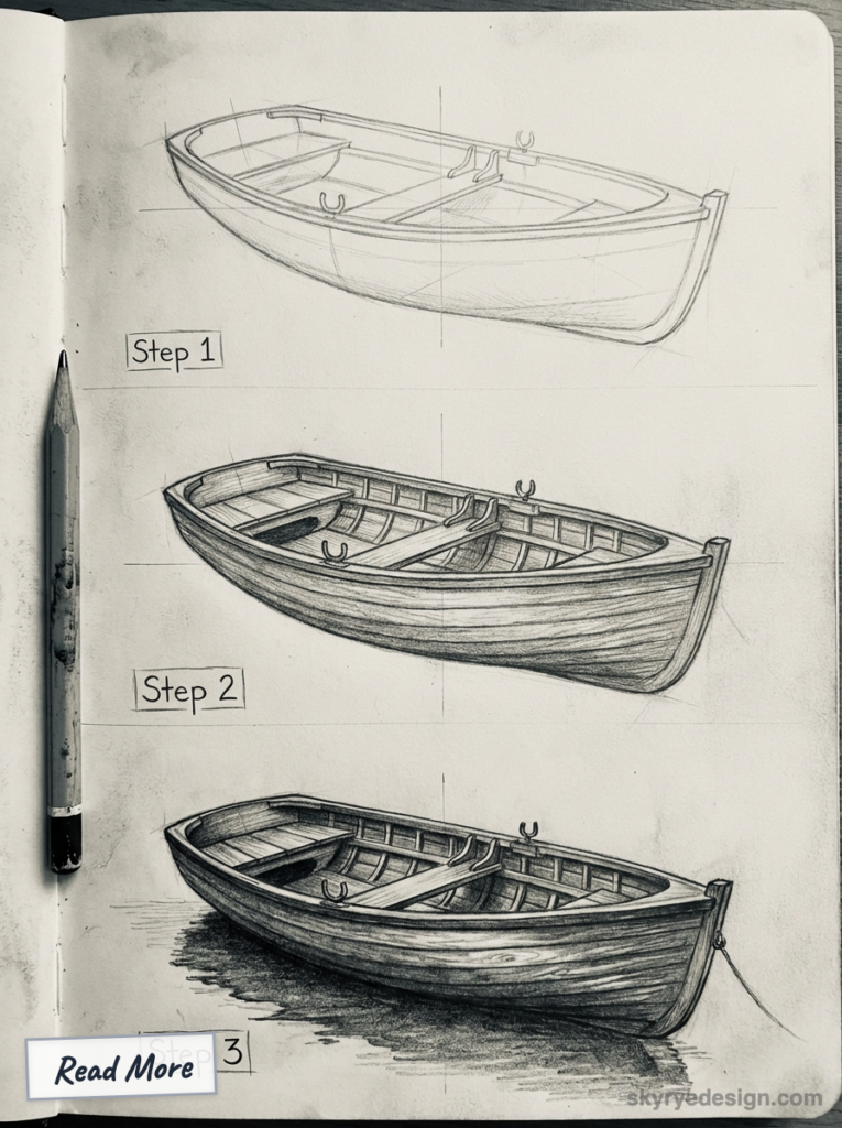 Step-by-step pencil sketch tutorial (Steps 1–3) of a wooden rowboat in a sketchbook, showing progressive shading and drawing detail.