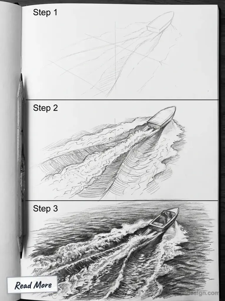 Three-panel pencil speedboat drawing tutorial: rough guidelines, mid-detail sketch, and final shaded boat cutting through ocean wake.
