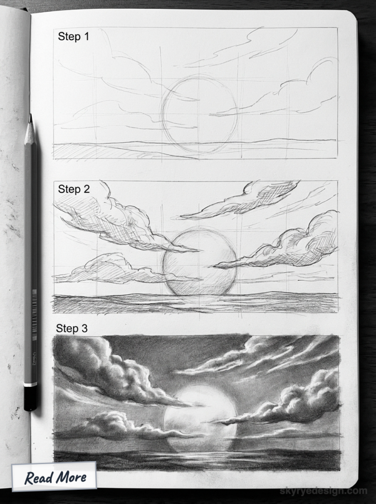 Pencil sketch tutorial: three-step sunset over ocean with dramatic clouds, from rough layout to fully shaded drawing.