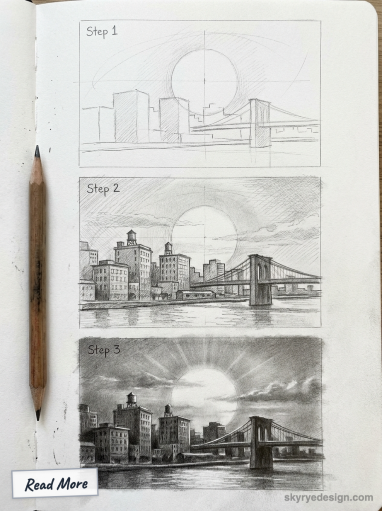 Three-step pencil sketch tutorial of a city skyline and suspension bridge at sunrise, pencil on sketchbook, Read More tag.