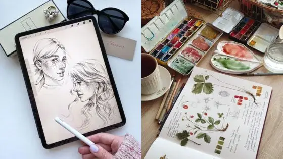 Digital and watercolor art supplies on a desk, featuring a tablet with sketches and a botanical painting in progress.