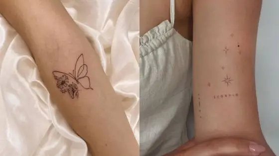 Minimalist butterfly and Scorpio constellation tattoos on forearms, showcasing delicate and artistic designs.