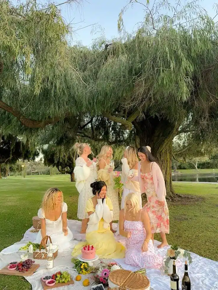 Group of friends enjoying a picnic under a tree with snacks, cake, and wine on a sunny day.