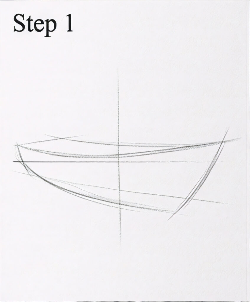 Step 1 pencil sketch: how to draw a boat hull with horizontal and vertical guidelines, beginner boat drawing tutorial