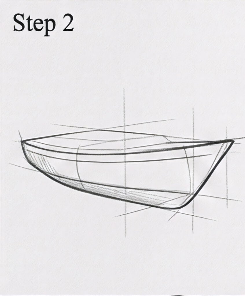 Step 2 pencil sketch of boat hull with perspective construction lines, boat drawing tutorial showing form and contour