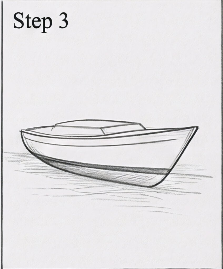 Step 3 pencil sketch: how to draw a boat — simple tutorial drawing of a motorboat hull and cabin on water.