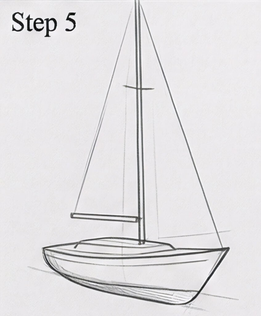 How to draw a sailboat - Step 5 pencil sketch showing hull, mast and boom in a tutorial drawing