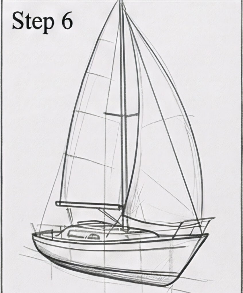 Sailboat drawing tutorial Step 6 - pencil sketch of a sailboat with mast, mainsail, jib and hull, construction lines visible.
