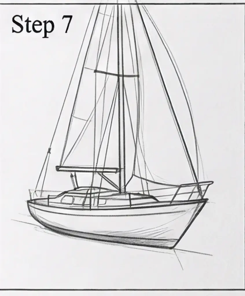 Step 7 pencil sketch of a sailboat: side view with mast, rigging and sails - drawing tutorial illustration
