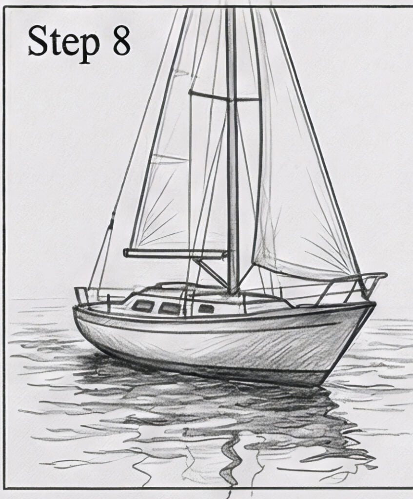 Pencil sketch sailboat drawing on water with reflection — Step 8 tutorial illustration