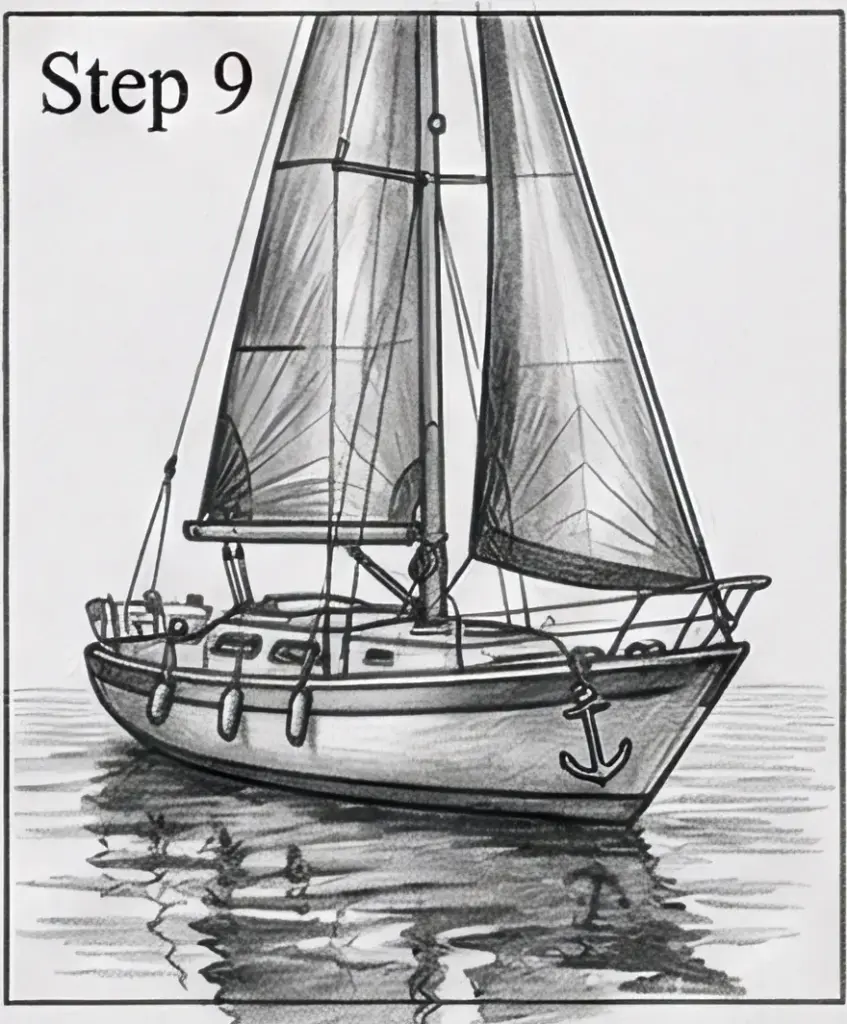 Black-and-white pencil drawing tutorial Step 9: detailed sailboat with two sails, anchor and reflection on calm water