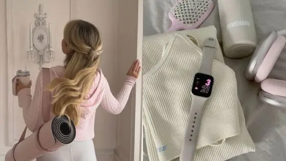 stress management hacks Woman in pink workout gear with yoga mat; fitness essentials include a smartwatch, water bottle, and hairbrush. | Sky Rye Design Woman in pink workout gear with yoga mat; fitness essentials include a smartwatch, water bottle, and hairbrush.