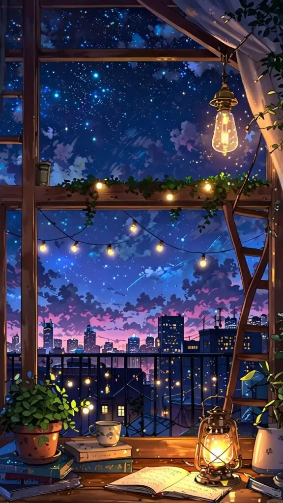 study place📚 Cozy rooftop scene with string lights, potted plants, and open books under a starlit sky with cityscape views. | Sky Rye Design Cozy rooftop scene with string lights, potted plants, and open books under a starlit sky with cityscape views.