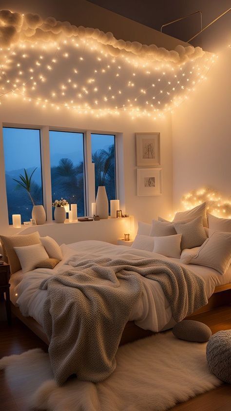 Cozy bedroom with warm fairy lights, plush bedding, candles, and a peaceful window view, creating a serene ambiance.