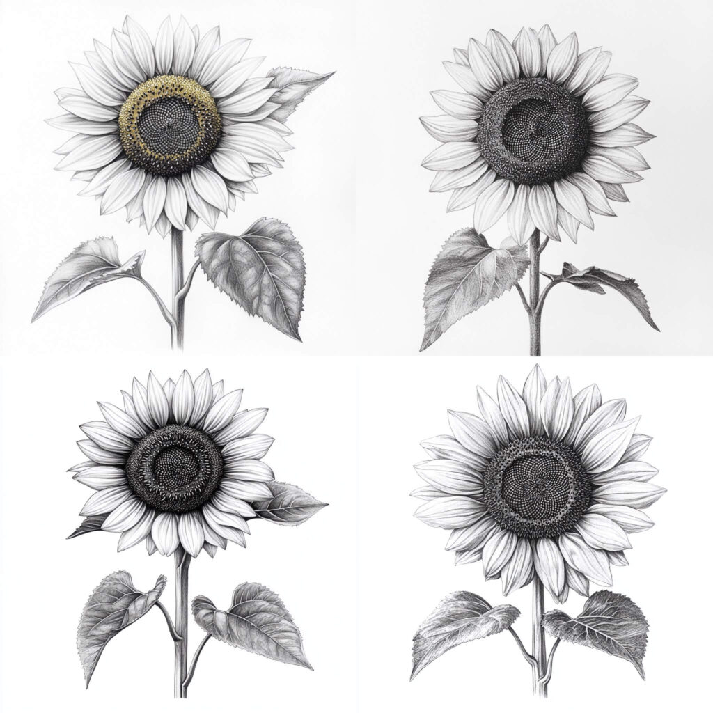 Illustrated sunflower sketches with detailed petals and leaves, black and white botanical art collection.