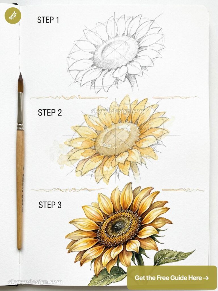 Sunflower drawing tutorial: pencil sketch, watercolor wash, and finished painting in sketchbook with brush.