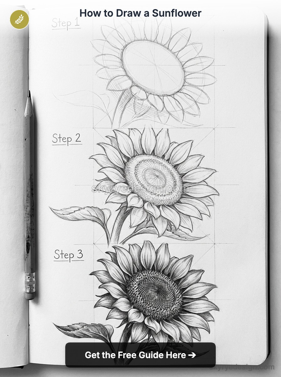 Sunflower drawing tutorial - step-by-step pencil sketches in a sketchbook with pencil