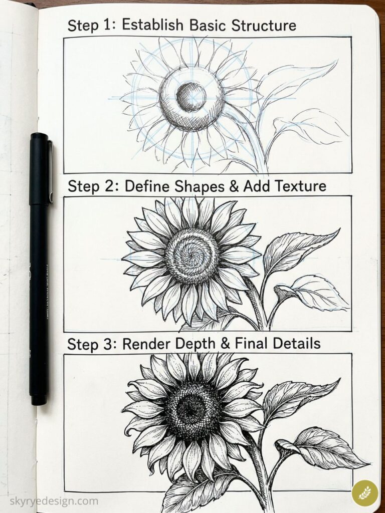 Step-by-step sunflower drawing tutorial in notebook showing structure, texture, and rendered depth — ink pen sketch.
