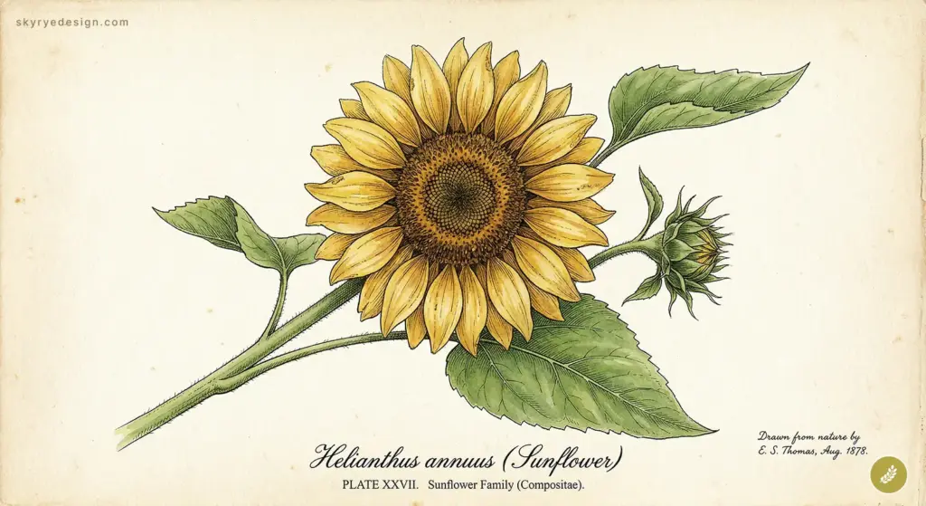 Sunflower botanical illustration (Helianthus annuus) vintage print, yellow bloom with green leaves