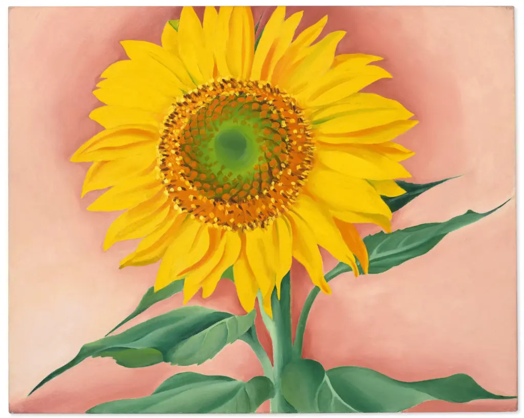 Vibrant close-up oil painting of a yellow sunflower with green leaves on a soft pink background
