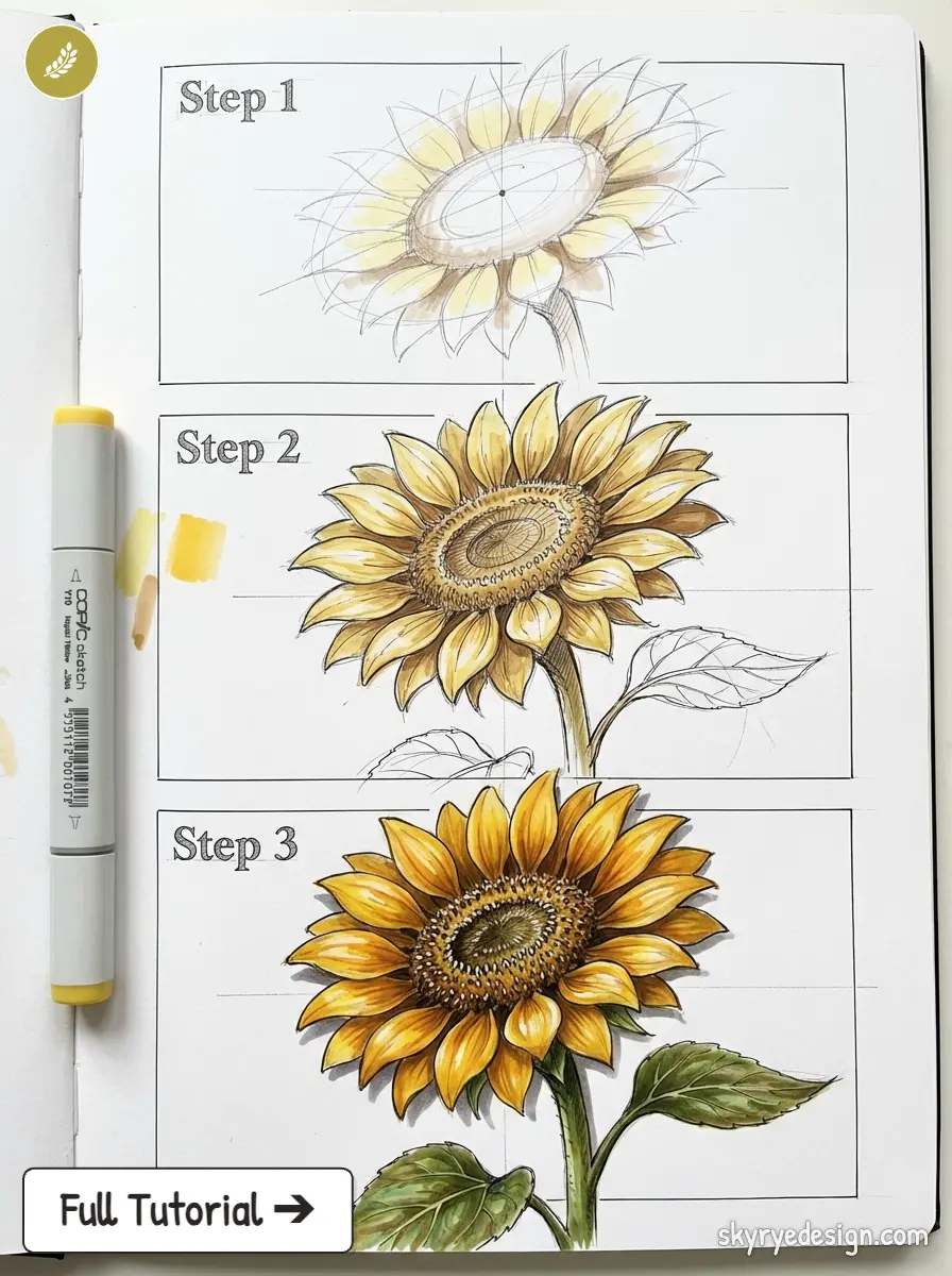 Step-by-step sunflower drawing tutorial in sketchbook, three stages from sketch to colored illustration with marker.