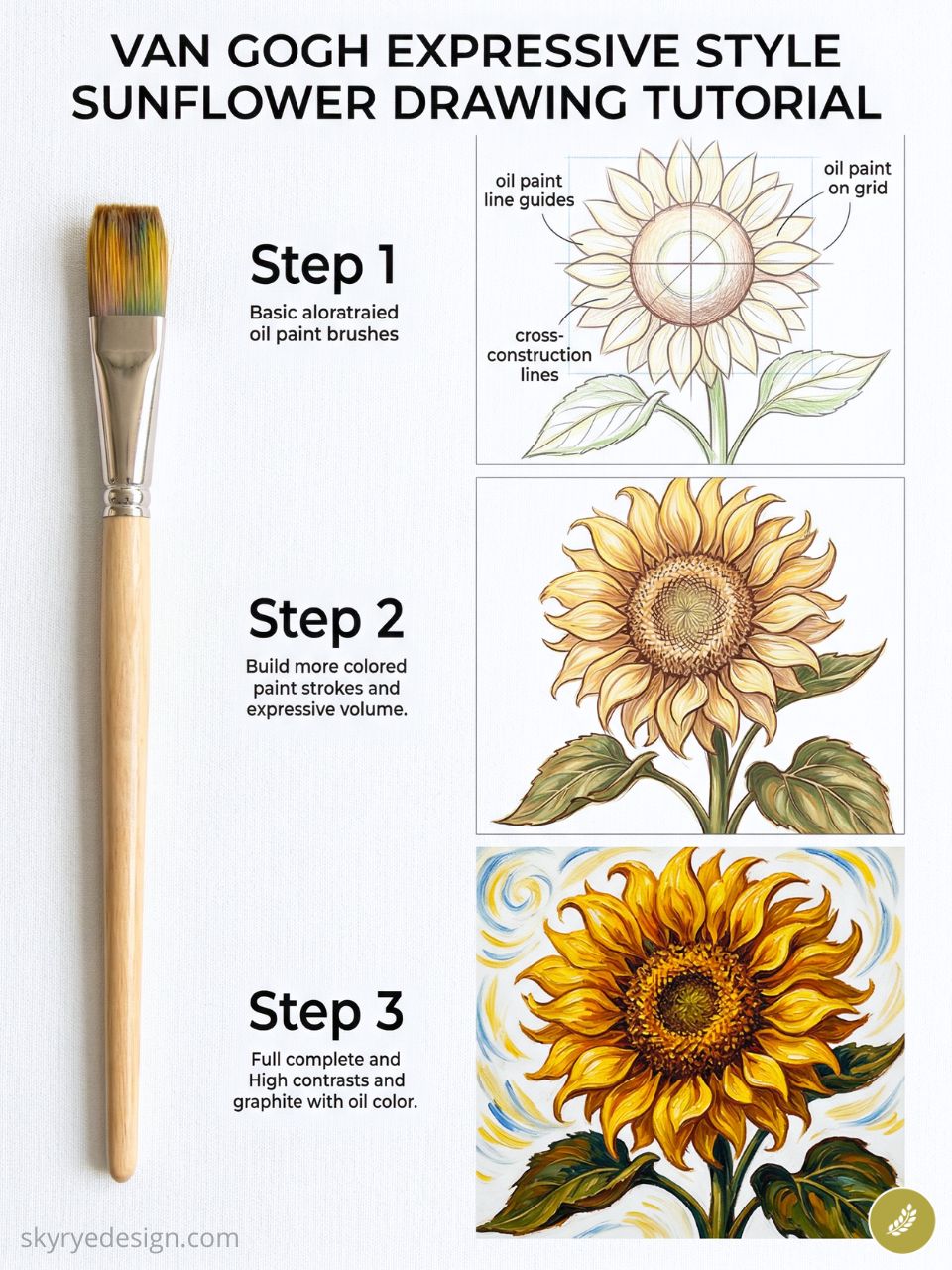 Van Gogh expressive-style sunflower drawing tutorial with step-by-step oil paint sketches and paintbrush