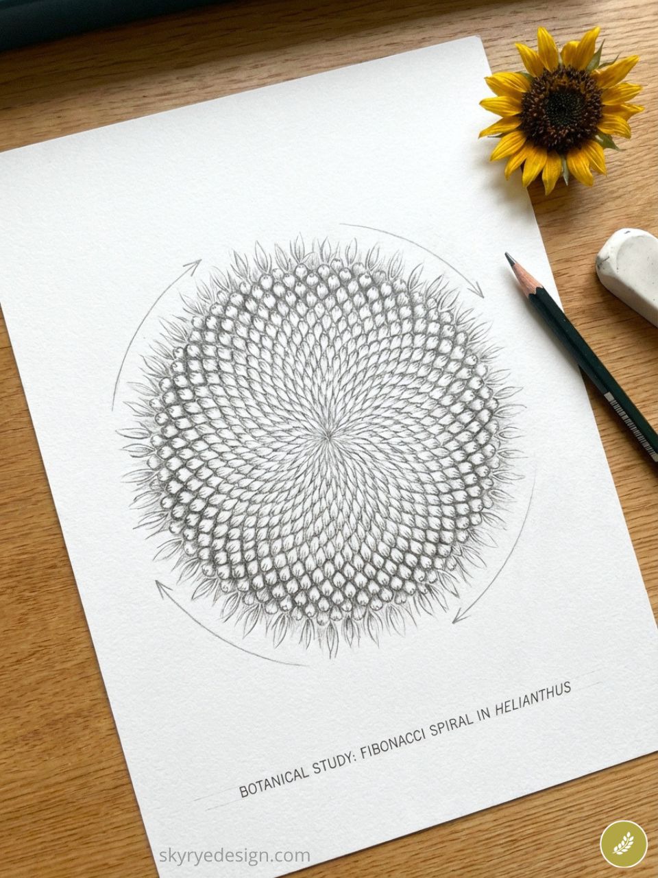 Fibonacci spiral sunflower pencil drawing, botanical study of seed head with pencil and eraser on wooden desk