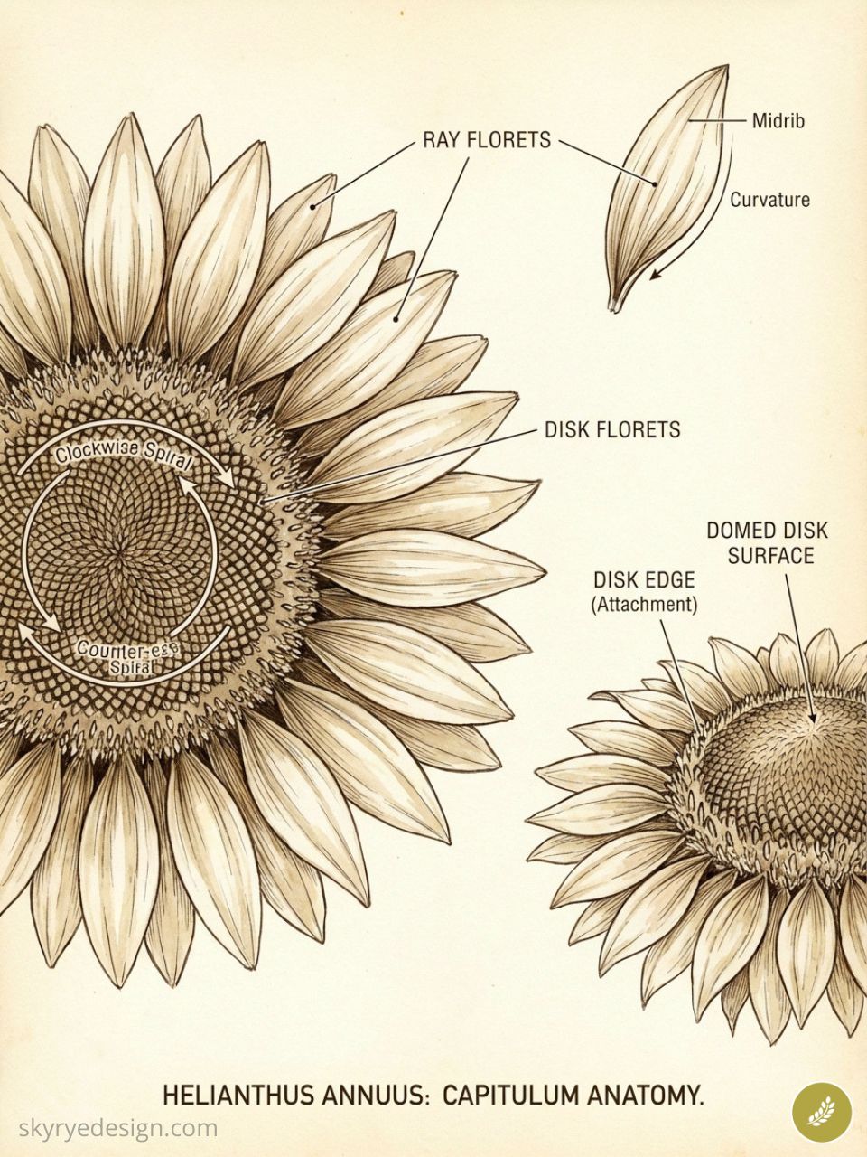 Botanical diagram of Helianthus annuus sunflower head showing ray and disk florets, spiral seed pattern and labeled anatomy.