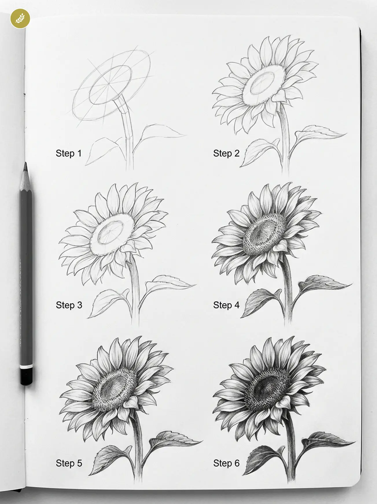 Pencil sunflower drawing tutorial: step-by-step sketchbook guide showing six stages with pencil at left