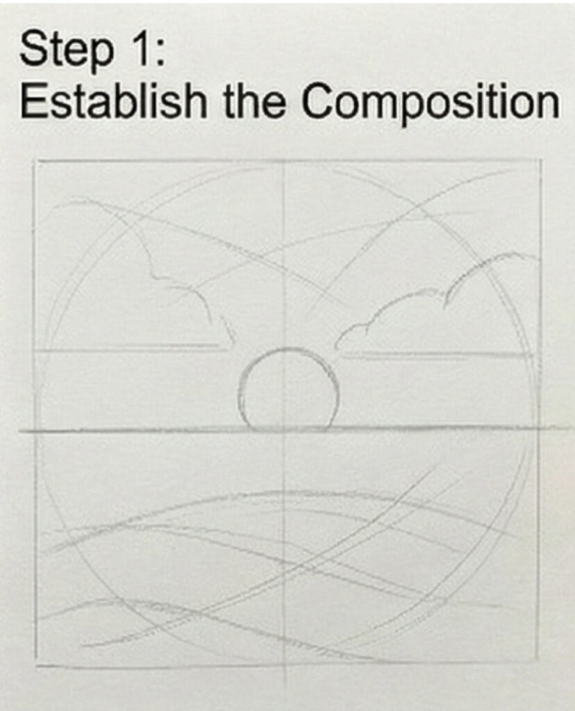 Step 1: Establish the composition - pencil sketch grid with horizon, sun, clouds and flowing guideline curves for a landscape drawing tutorial