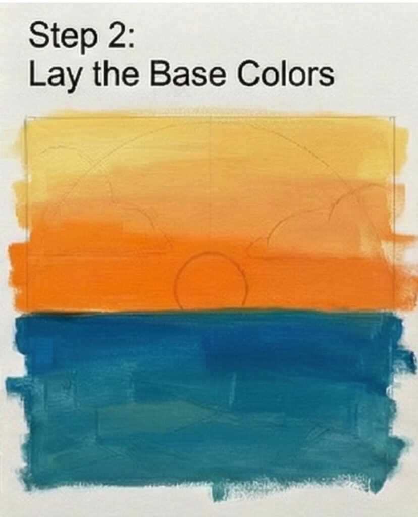 Step 2: Lay the Base Colors — painting tutorial showing orange-yellow sunset gradient above turquoise-blue ocean with pencil sun outline.