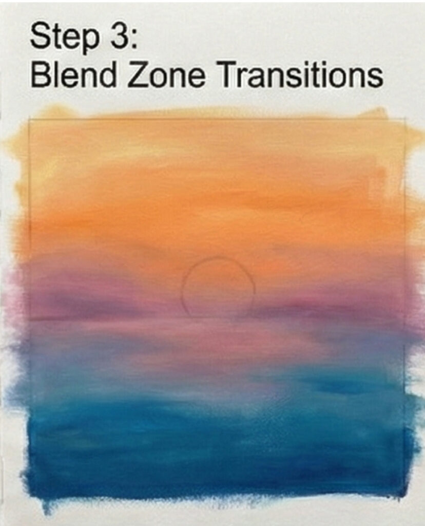 Step 3: Blend Zone Transitions — tutorial of a sunset gradient painting: orange sky, purple horizon, blue ocean and faint sun circle