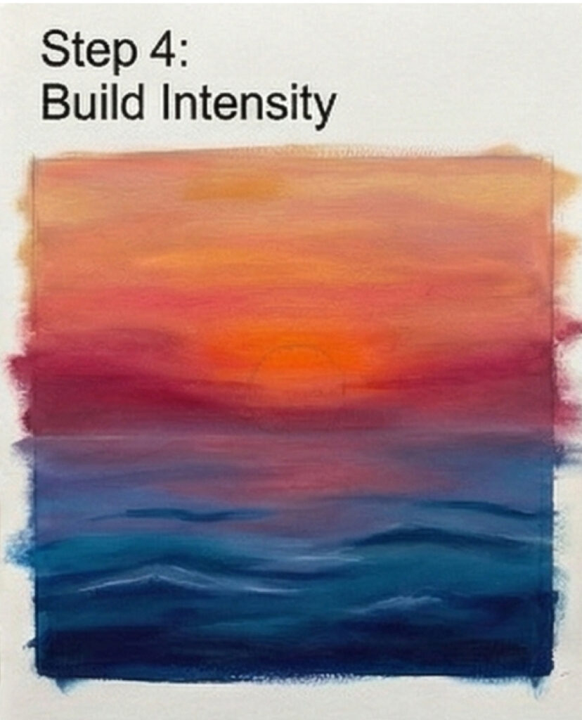 Seascape painting tutorial — Step 4: Build Intensity; vibrant sunset sky of oranges and pinks fading into deep blue ocean waves.