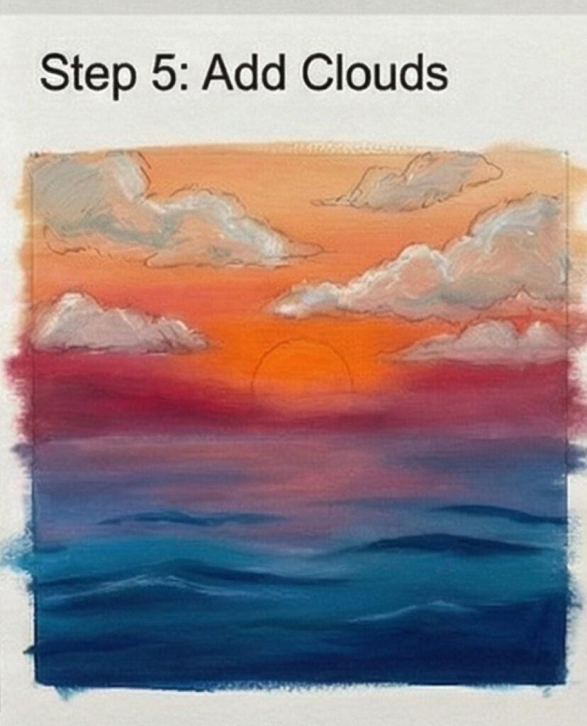 Step 5: Add Clouds — sunset seascape painting tutorial showing sun, colorful orange-pink sky, white clouds and deep blue ocean waves.