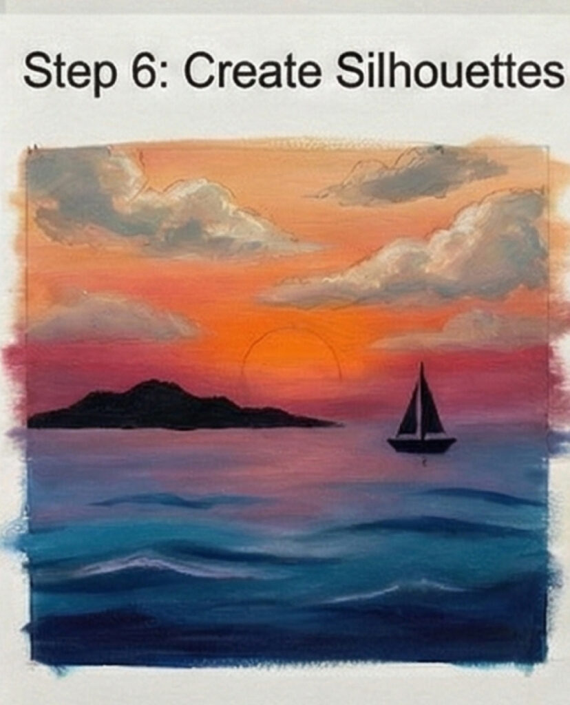Sunset seascape painting tutorial: orange-pink sky, silhouetted island and sailboat over calm blue water — 'Step 6: Create Silhouettes'.