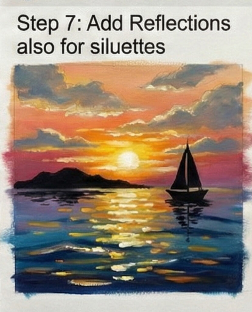 Sunset sailboat silhouette reflecting on calm ocean with colorful sky and golden water reflections — painting tutorial Step 7.