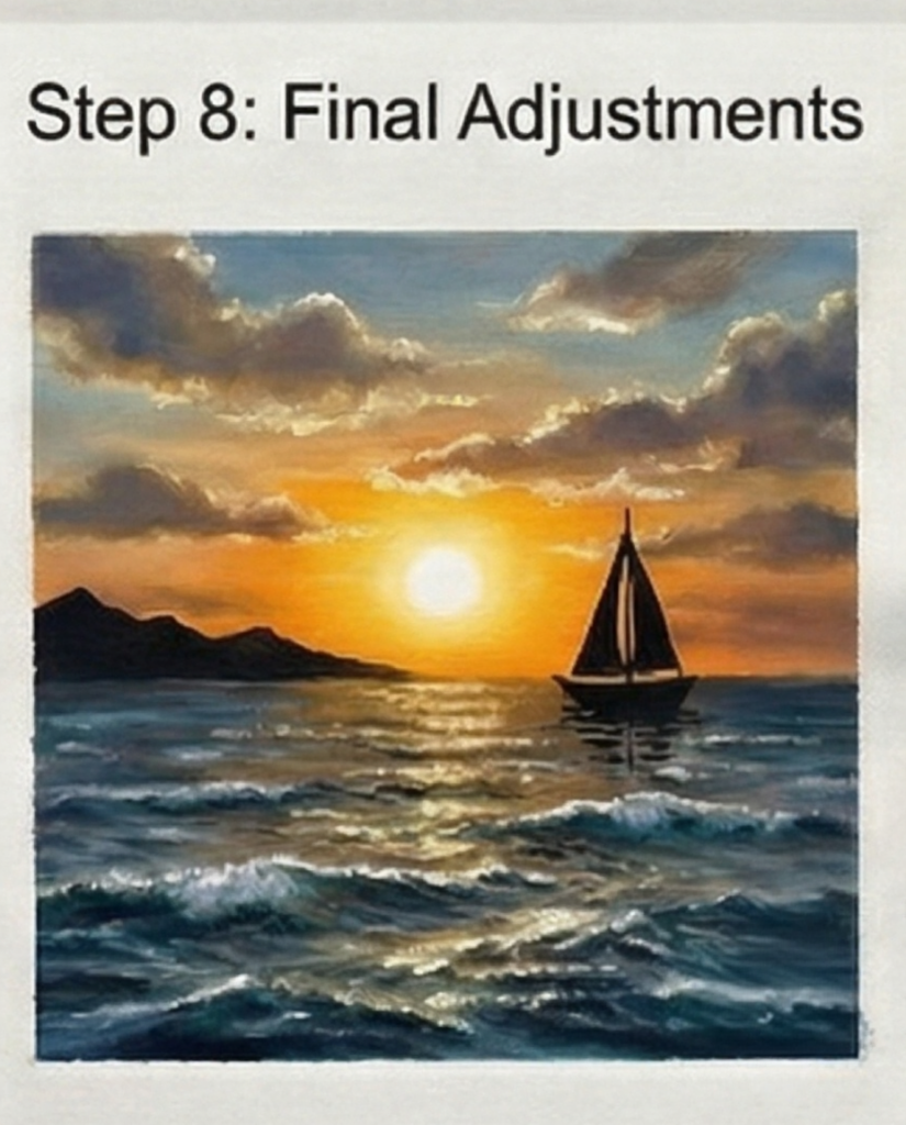 Sunset seascape painting: sailboat silhouette on shimmering ocean waves under golden sky, labeled Step 8: Final Adjustments.