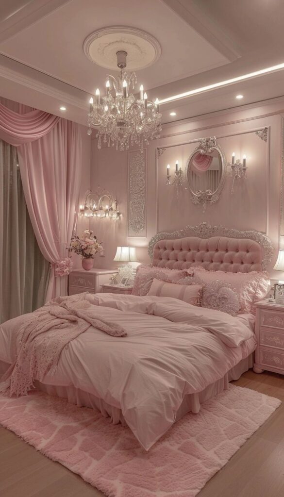 Elegant pink bedroom with chandelier, plush bed, and ornate details for a dreamy, luxurious ambiance.