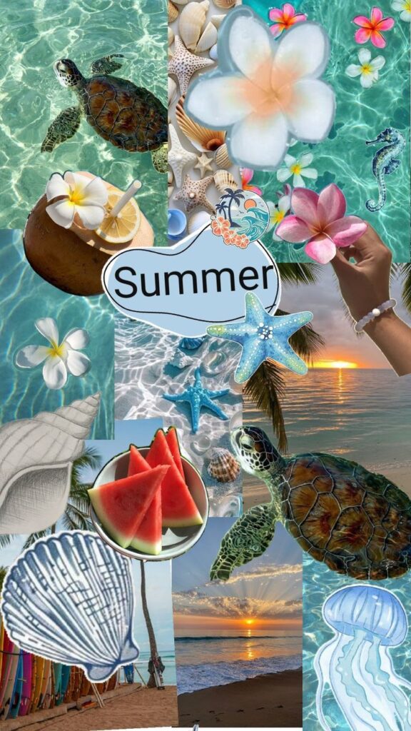 Collage of summer vibes: turtles, sunset, flowers, seashells, watermelon, and ocean theme elements. Perfect summer aesthetic.