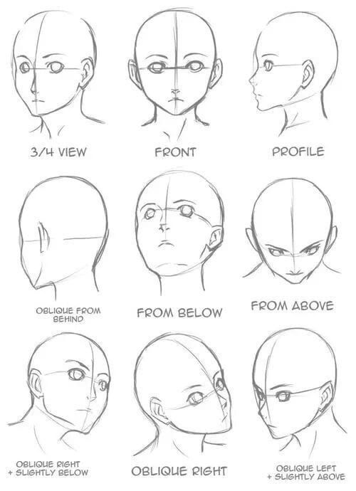 Sketch of head angles: 3/4 view, front, profile, oblique, from below and above. Art reference for drawing faces.