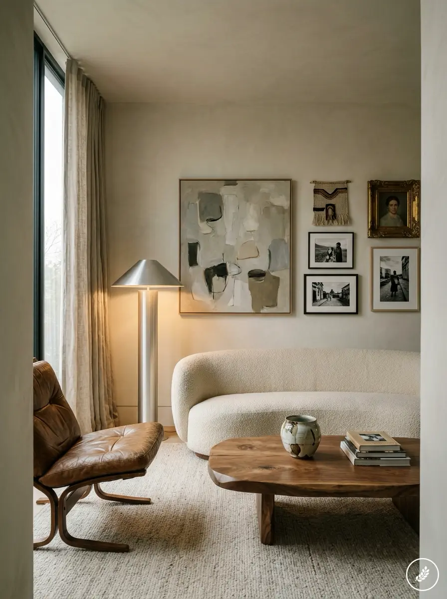 Living_room_with_sculptural_sofa_202607290205 Cozy neutral modern living room interior with curved boucle sofa, leather lounge chair, wooden coffee table, gallery wall. | Sky Rye Design Cozy neutral modern living room interior with curved boucle sofa, leather lounge chair, wooden coffee table, gallery wall.
