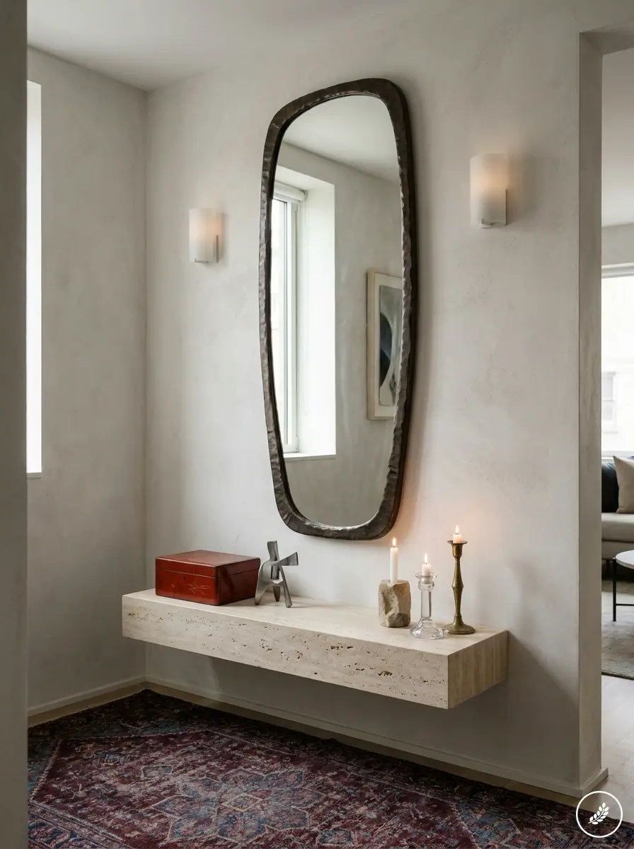 Entryway_with_organically_shaped_202607290206 Minimal entryway with oversized hammered mirror, travertine floating console, lit candles, red storage box and rug | Sky Rye Design Minimal entryway with oversized hammered mirror, travertine floating console, lit candles, red storage box and rug
