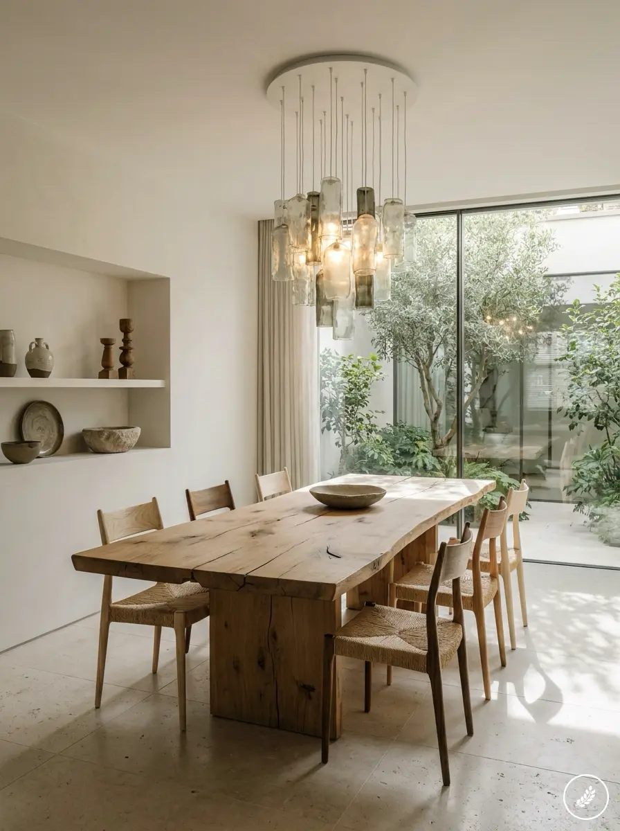 Dining_room_with_sculptural_chairs_202607290205 Sunlit modern rustic dining room with live-edge wood table, woven chairs, glass pendant cluster and large windows | Sky Rye Design Sunlit modern rustic dining room with live-edge wood table, woven chairs, glass pendant cluster and large windows