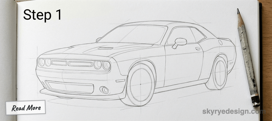 Pencil sketch of a car on paper, labeled Step 1, with a pencil beside it. Tutorial introduction by Skyrye Design.