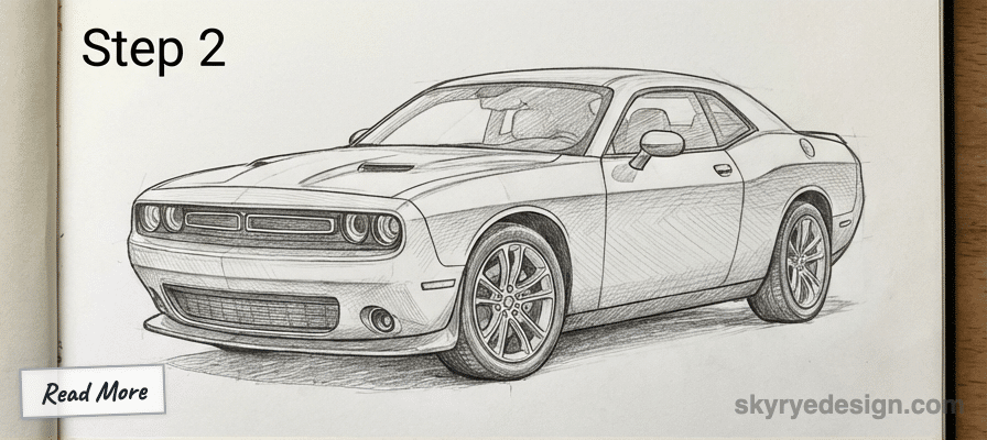 Detailed sketch of a sports car, emphasizing contours and shadows, labeled Step 2. Includes a Read More prompt, by