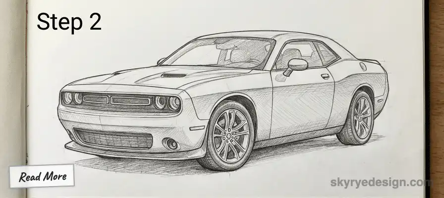 Detailed sketch of a sports car, emphasizing contours and shadows, labeled Step 2. Includes a Read More prompt, by
