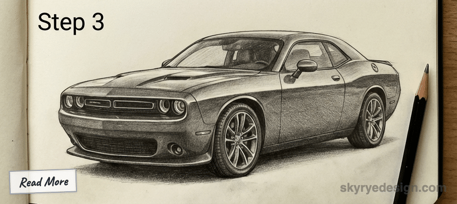 Pencil sketch of a classic muscle car, Step 3 in drawing tutorial. Black pencil and Read More text included.