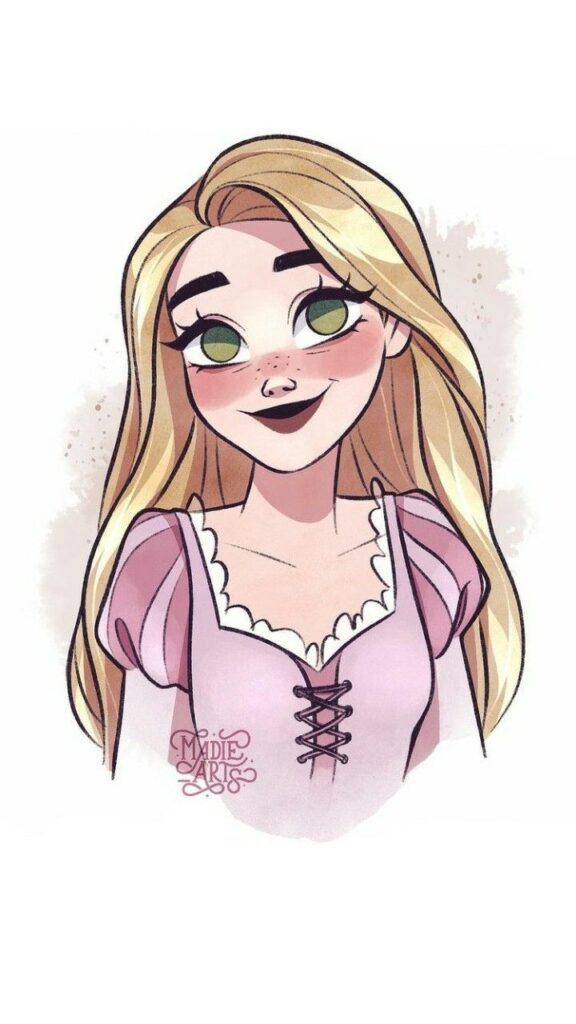 Cheerful cartoon character with long blonde hair and a pink dress, smiling warmly. Artwork by Midie Arts.